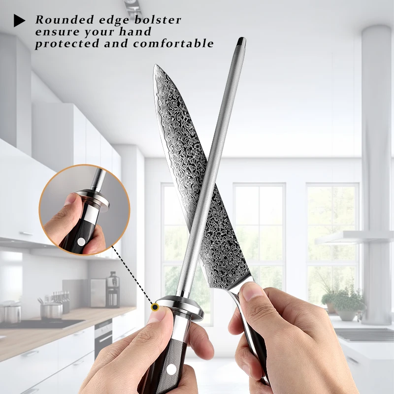 Diamond Powder Sharpening Rod 600 Grit Knife Scissors Sharpener 10 Inch G10 Fifer Mosaic Rivet Handle Professional Kitchen Tool