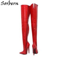 Sorbern rosso brevetto cavallo stivali alla coscia Unisex aperto indietro albero spesso punta a punta tacco alto tacchi a spillo Fetish Boot personalizzato