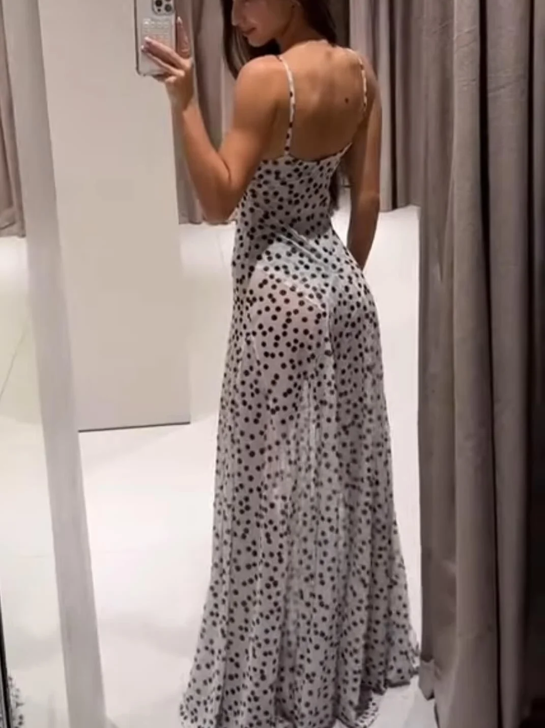 Women's Fashion Sexy V-neck Polka Dot Slim Suspender Long Dress Female Temperament Simple Backless Hem High Slit Party Dress