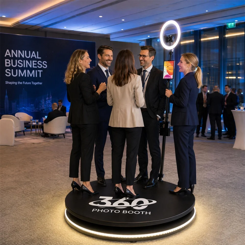 Best-seller 360 °   Photomaton portable avec éclairage LED et valise de transport, idéal pour les salons professionnels, les stands d'exposition et les événements promotionnels.