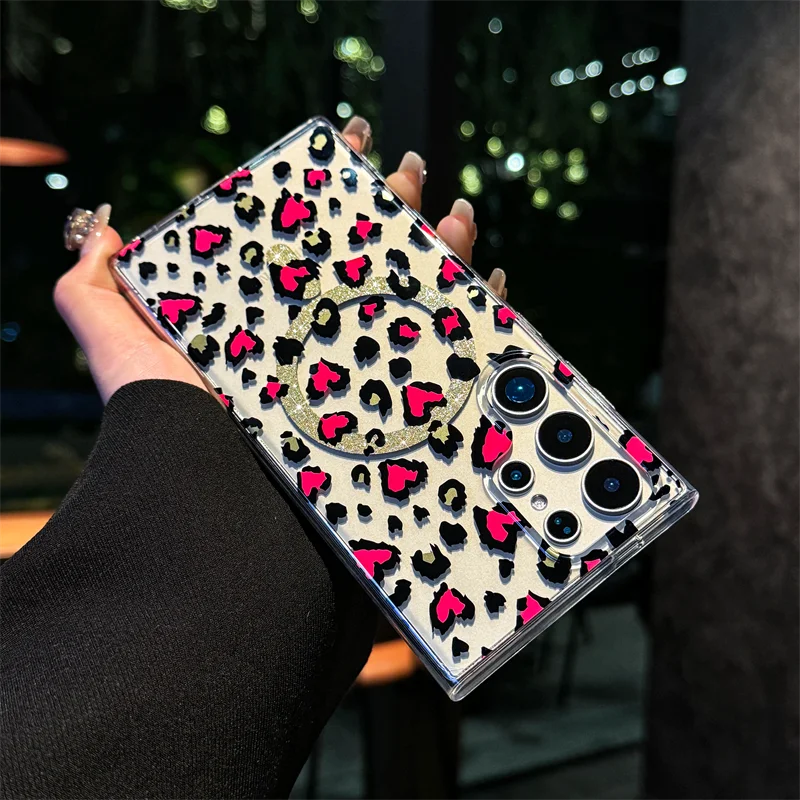 

Fashion leopard print magnetic phone case for Samsung Galaxy Note S24 S23 S22 Ultra FE Plus 5G clear slash-proof cover S24 Plus