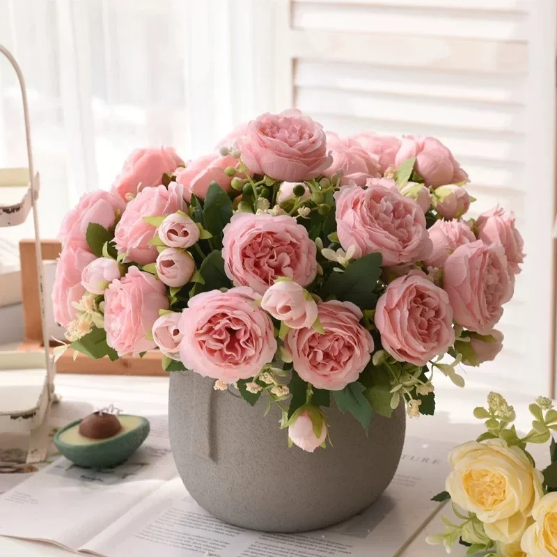 30 cm roze roze zijden boeket pioen kunstbloem 5 grote kop 4 kleine knop bruid bruiloft woondecoratie kunstbloem - afbeelding 2