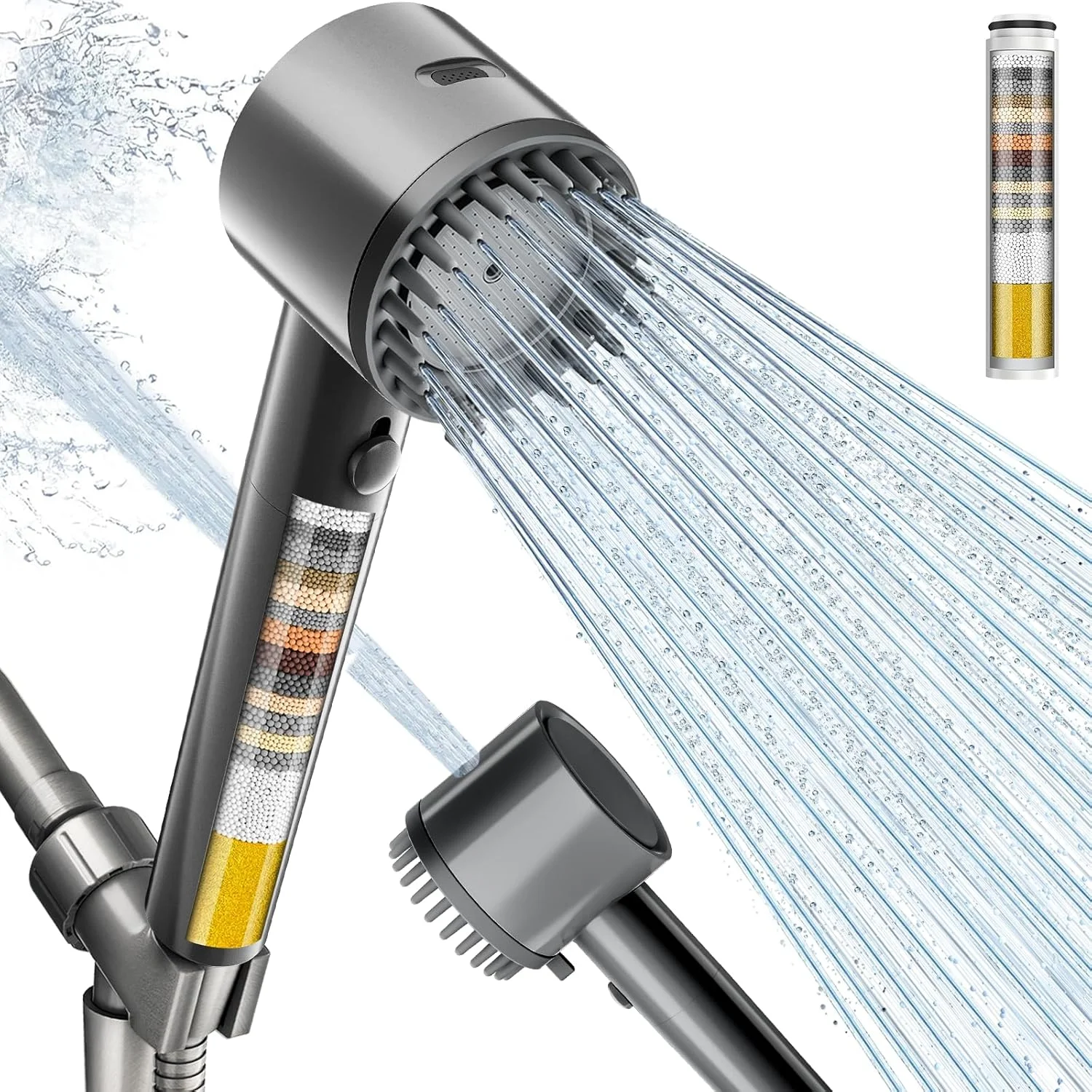 Filtered Shower Head with Handheld, 4+1 Spray Mode Showerhead with Filters, Built-in Power Wash for Hard Water - Remove Chlorine - Reduces Dry Itchy Skin, Luxury Gray