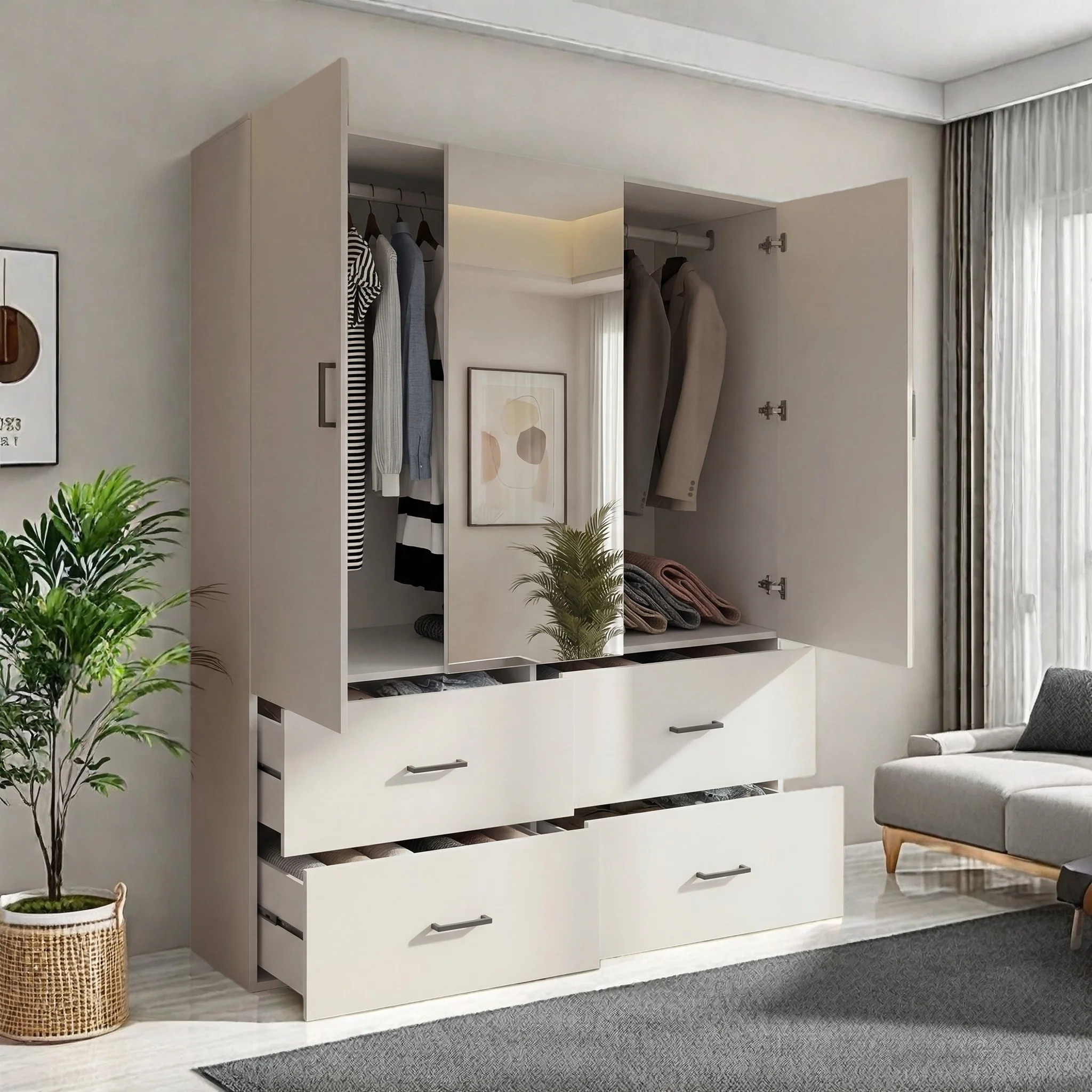 Kleiderschrank mit Spiegel, 4 Schubladen, moderner Garderobenschrank mit Stauraum, Schlafzimmer Schrank Weiß, für Schlafzimmer, Ankleidezimmer, Garderobe