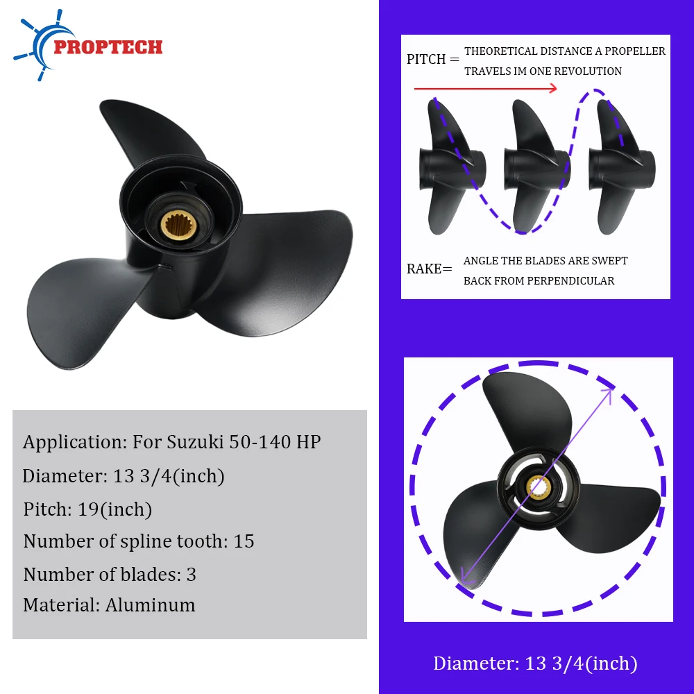 13 3/4x19 For Suzuki Outboard Propeller 60hp 70hp 90hp 100hp 115hp 140hp Boat Engine Aluminum Screw 3 Blade 15 Spline