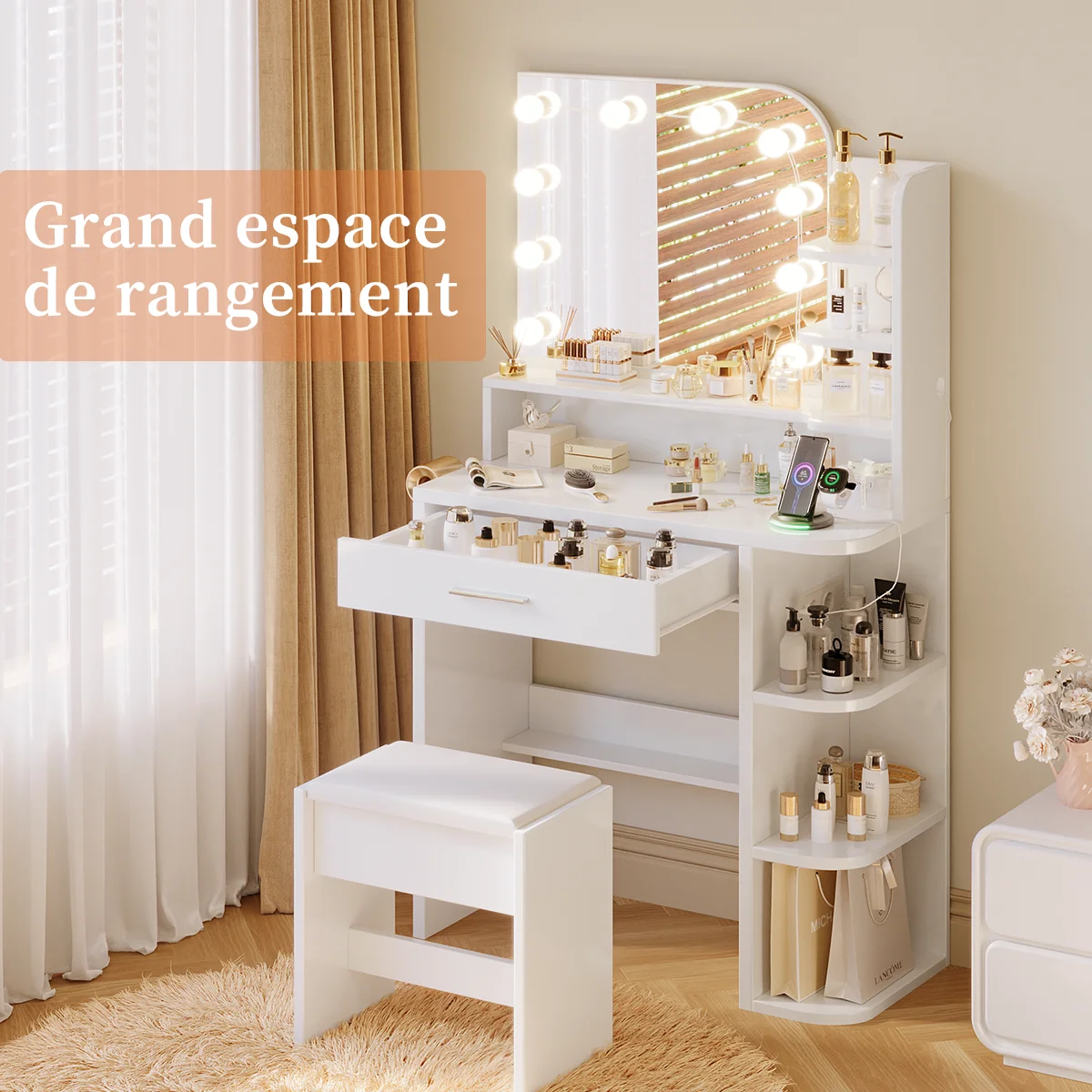 Coiffeuse Mihtrov avec grand miroir LED, bureau de maquillage multifonctionnel avec tiroir et armoire, étagères multi-niveaux ouvertes et crochets – Idéale pour les locataires, étudiants et adolescents