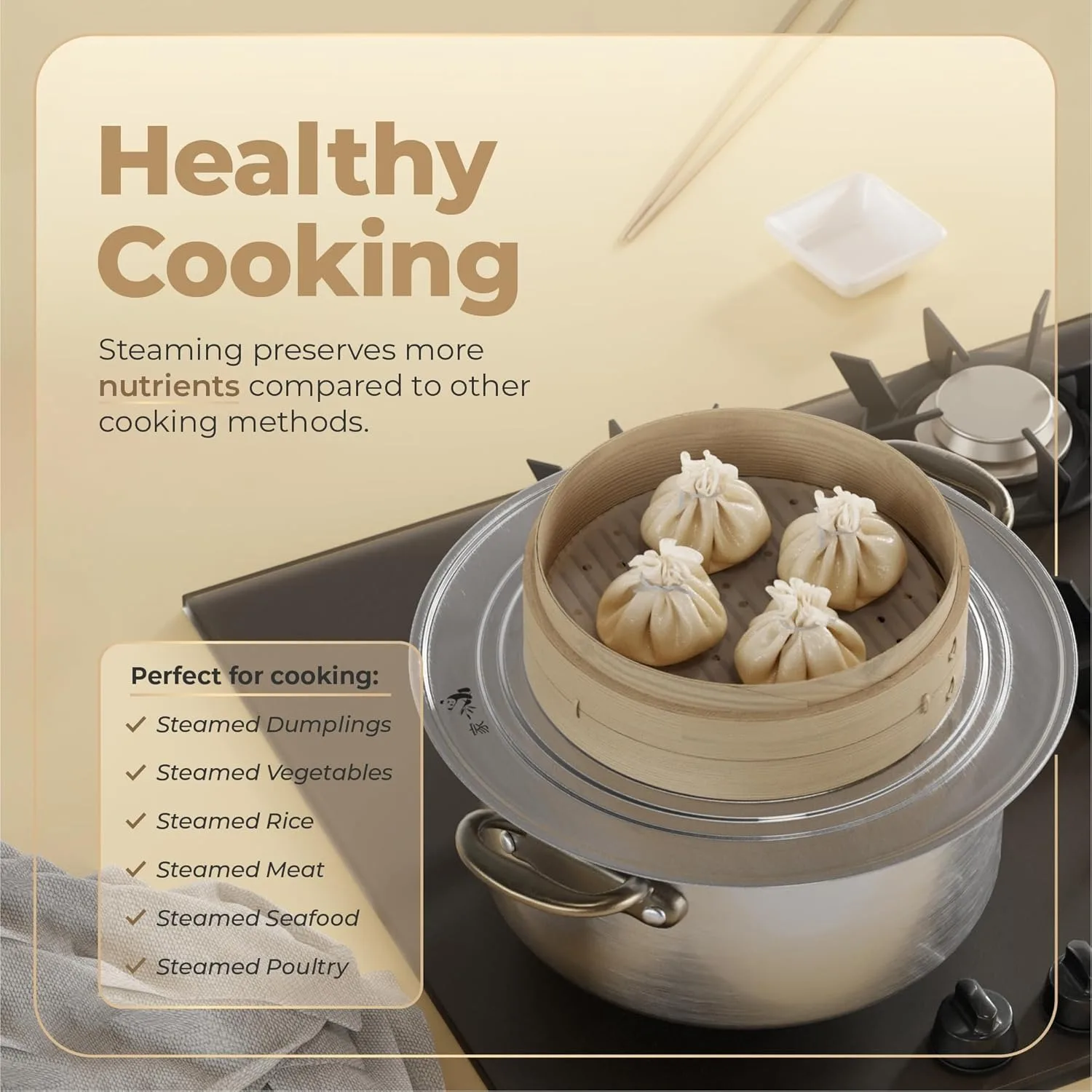 9 inch Round Kitchen Steamer Rack Steaming Ring Stainless Steel Adapter Tray Food Grade Rust for Asian Food Dumpling Dim Sum