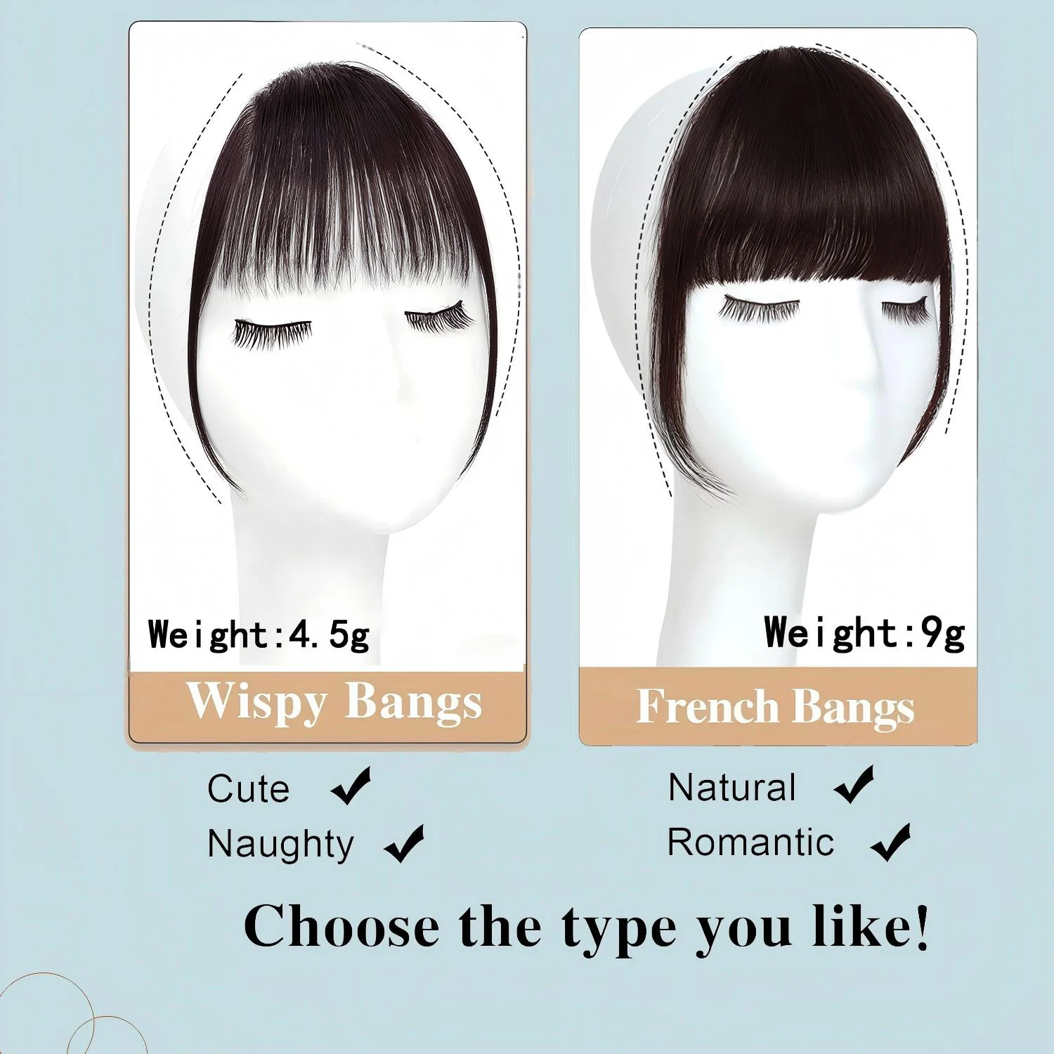 Human Hair Clip In French Bangs With Temple for Women Remy Hair Fringe with Temples Hairpieces Curved Bangs for Daily Wear image 5