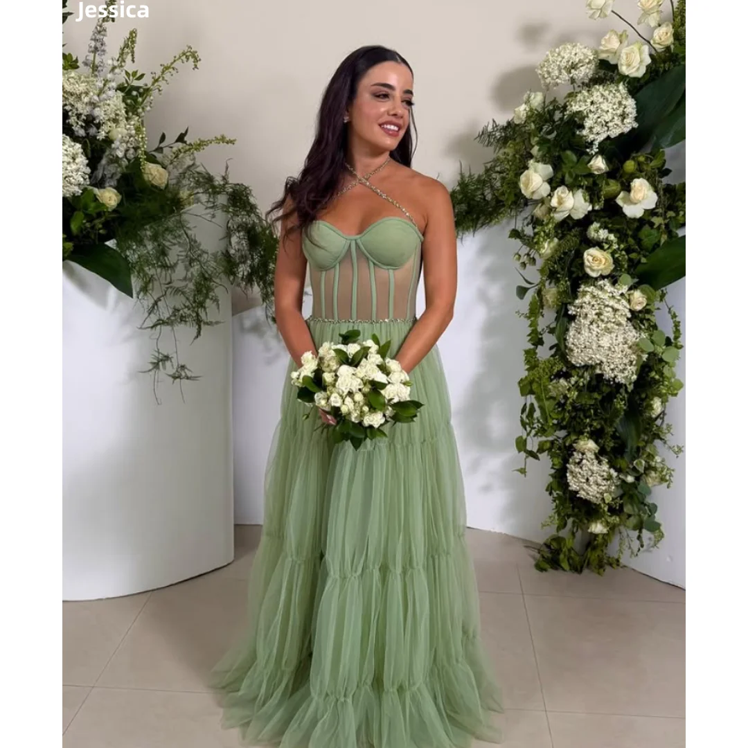 

Jessica Glitter Beaded Halter Evening Dresses Transparent Lace Fishbone Prom Dresses Green tulleWedding Party Dresses Customized