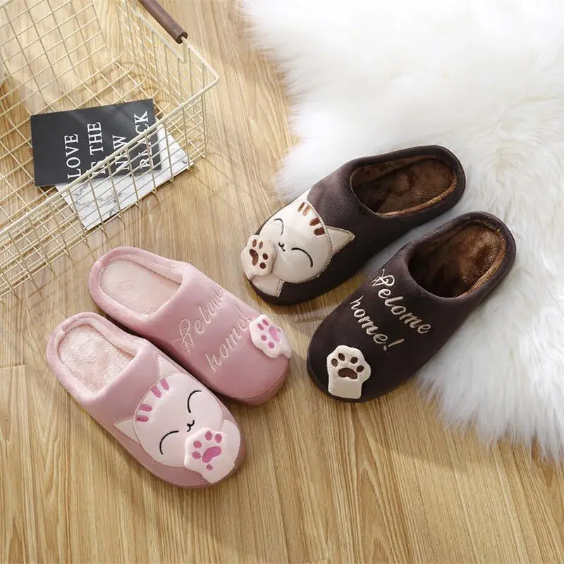 Winter Plush Flat Slippers Warm Cute Cartoon Embroidered Round Toe Flats Indoor Women\'s Bedroom Shoes Zapatillas Casa Mujer