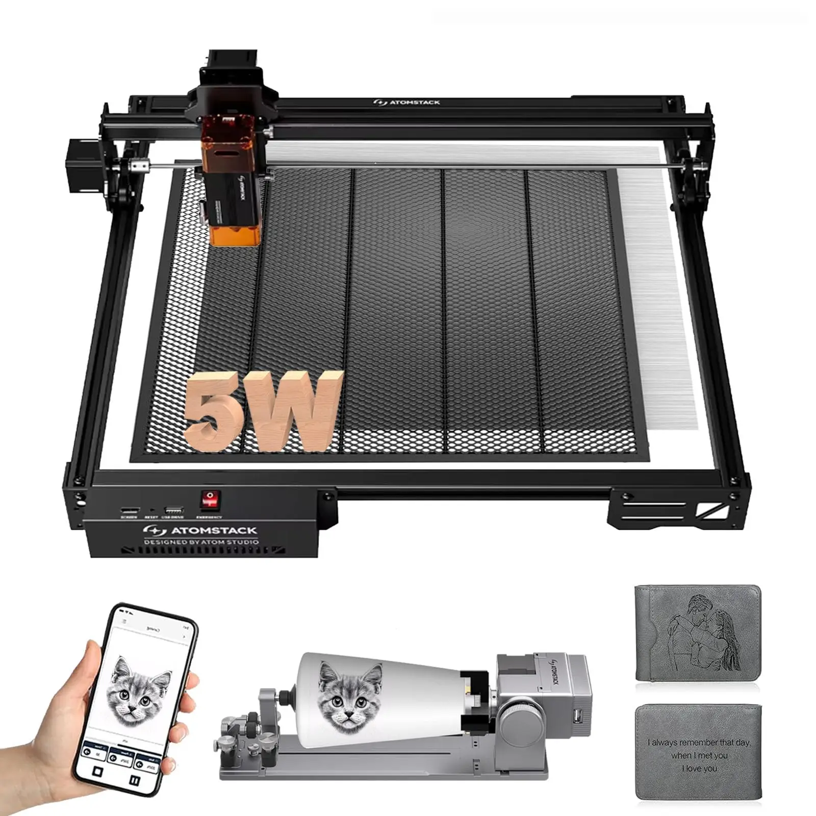 Máquina de Grabado Láser A5 PRO V2 de 5.5 W, Máquina de Corte Láser de Cuatro Vías con Rodillo Multifuncional R8 y Placa de Panal F4