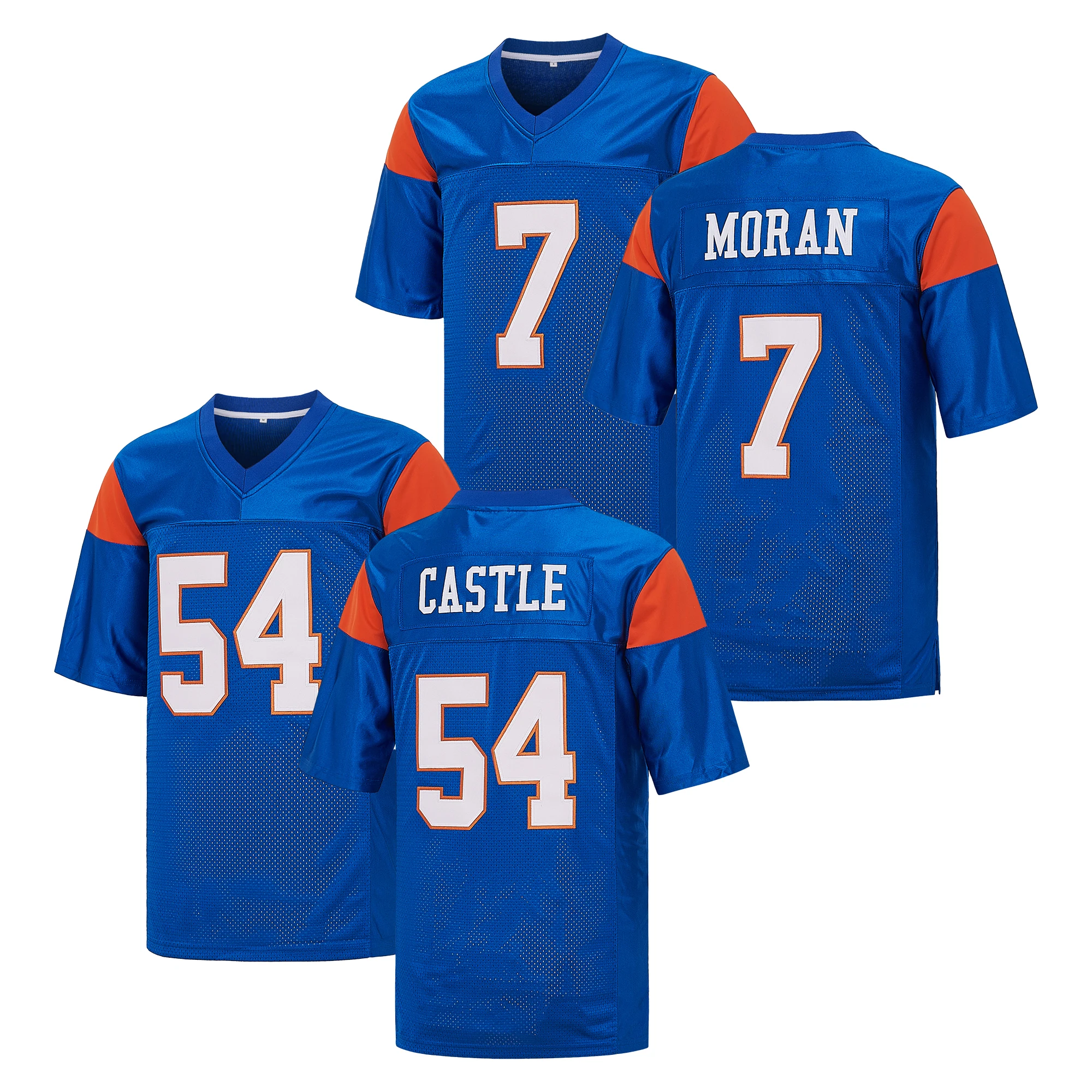 Men's Alex Moran #7 and Thad Castle #54 Blue Mountain State Castle Movie Football Jersey Top, Exquisite Embroidery Retro Football Uniform