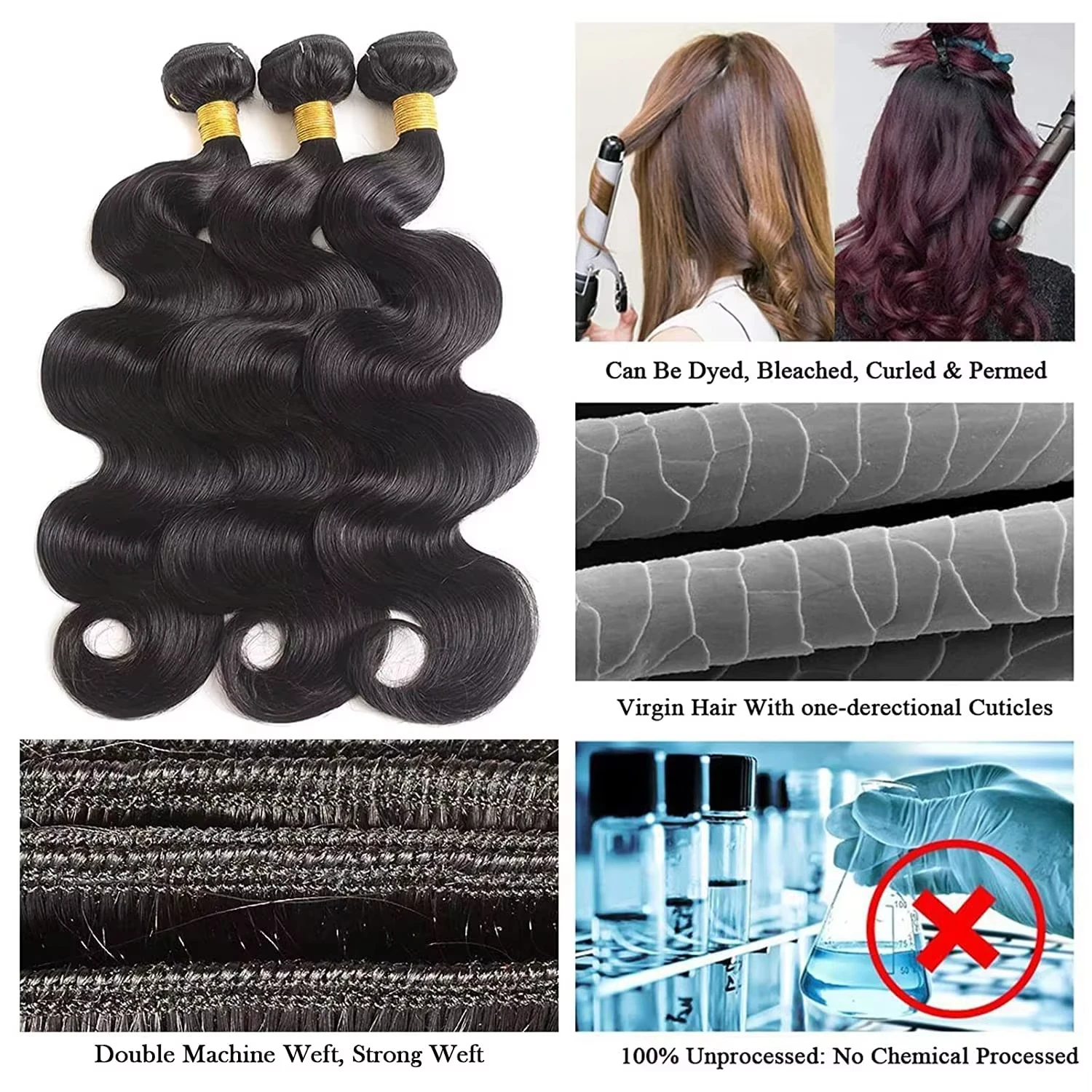 Fasci di capelli umani al 100% dell'onda del corpo da 42 pollici Fasci di onde d'acqua naturali vergini grezze Remy Doppia trama Estensione non trattata dei capelli neri