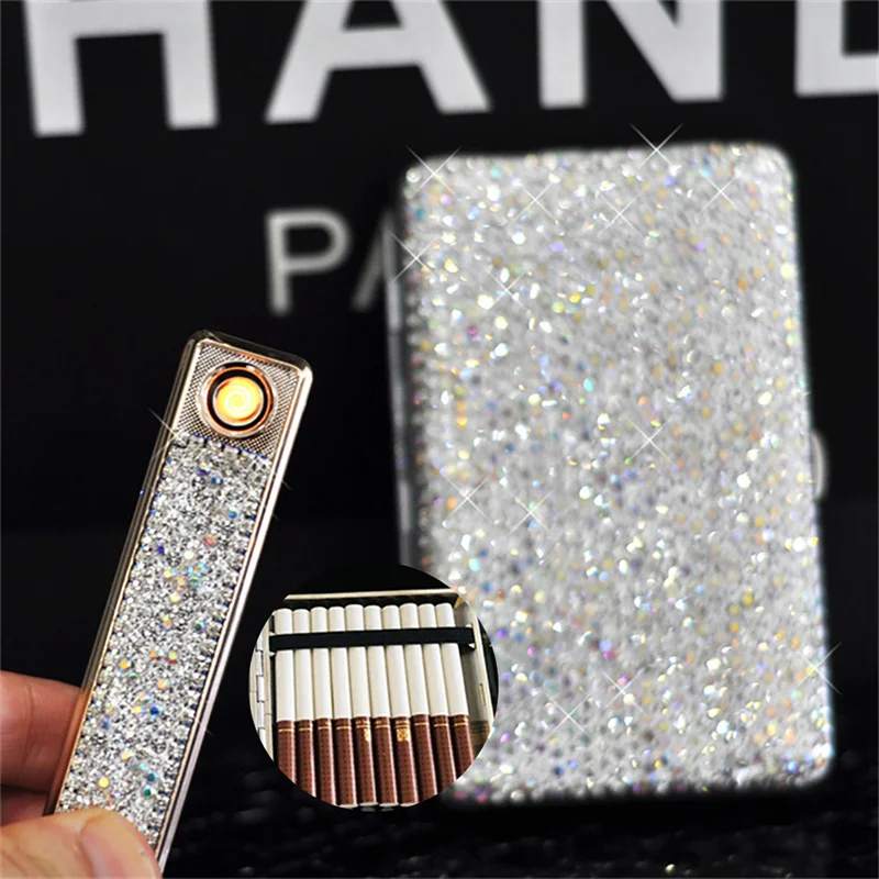 

Diamond Cigarettes Case Ladies Electric Lighter Rhinestone Rolls Holder Burning Machine Valentine's Day Gift for Women Girls