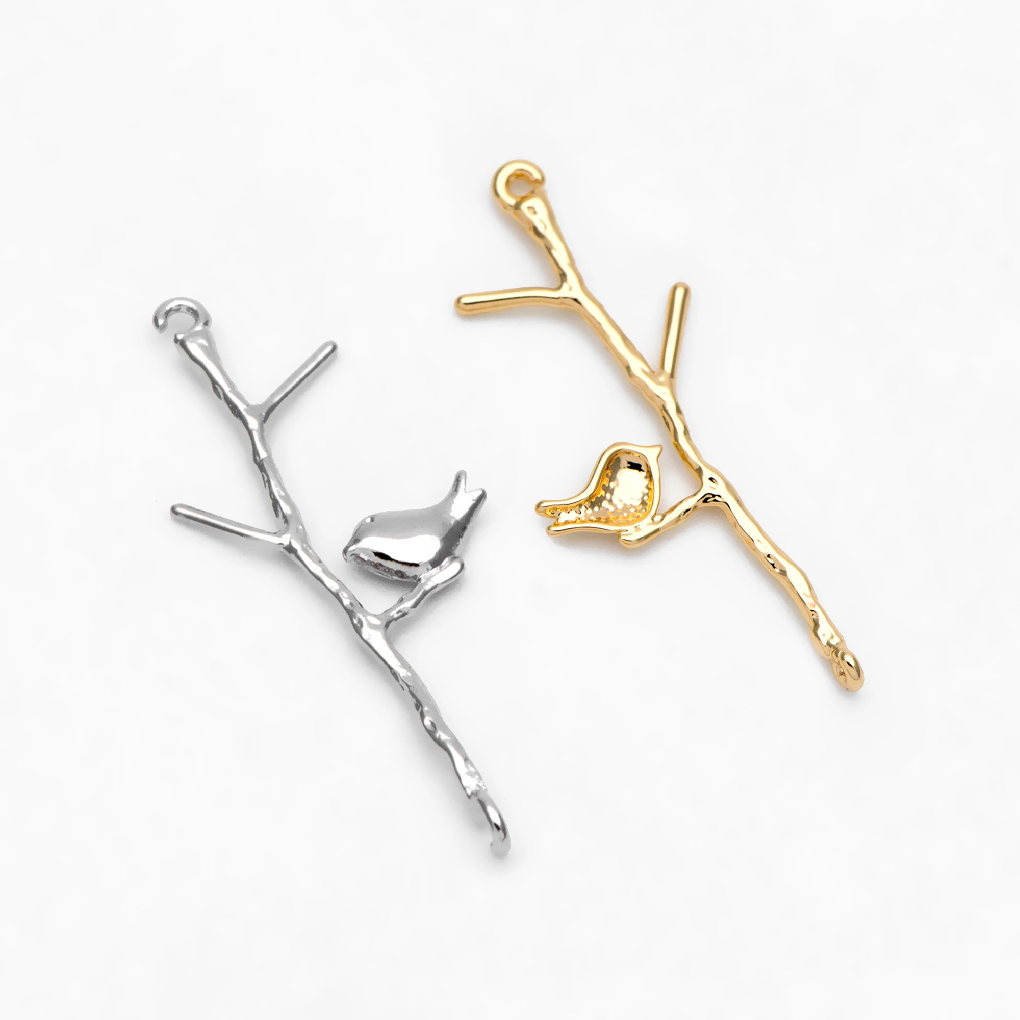 

10pcs Gold/ Silver Bird on Tree Pendants, Gold/ Rhodium Plated Brass Branch Connectors, Leaf Charms with Two Loops (GB-3622-C)