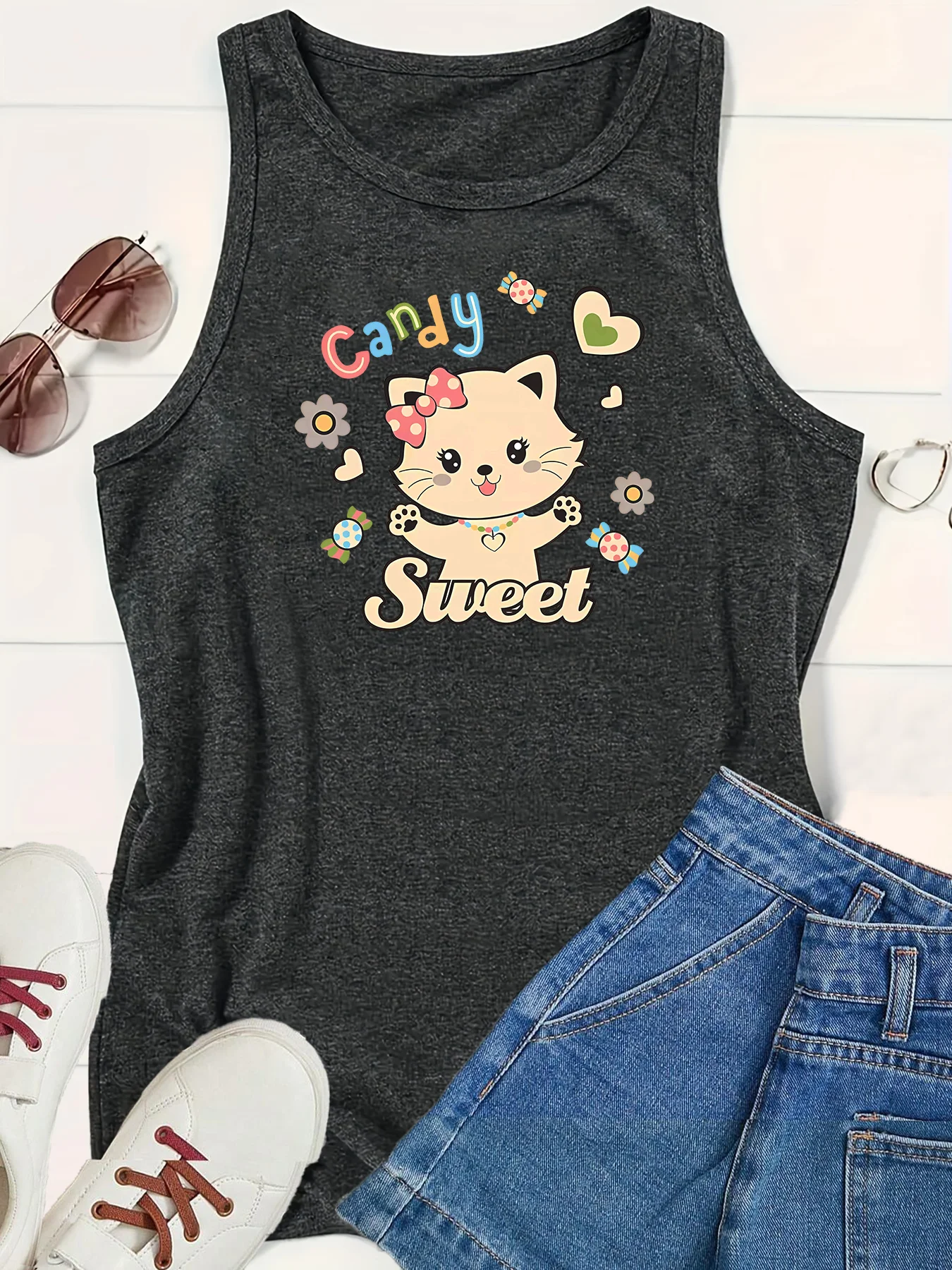 Sweet Candy This Cat Is So Cute Meow Fashion Women's Safety Tank Top Loose O Neck Sleeveless Casual Women's Tank Top