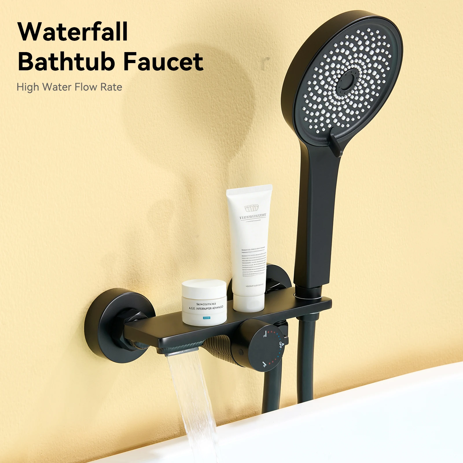 Badewannen-Duscharmatur, Wandmontierte Badewannen-Mischbatterie mit 5-stufiger Handbrause, Schlauch und Wandhalterung, Schwarz, Messingkorpus