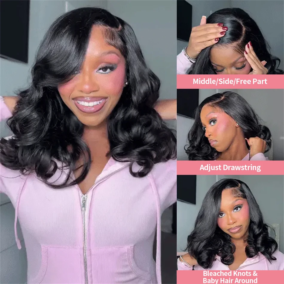 Body Wave 13x4 HD Lace Front Wigs Human Hair 200% Density Bob Wig Human Hair Pre Plucked Short Bob Wigs For Black Women 4x4 Lace Closure Frontal Wig Human Hair Natural Black Loose Wavy 14 Inch Bob Wigs view 5