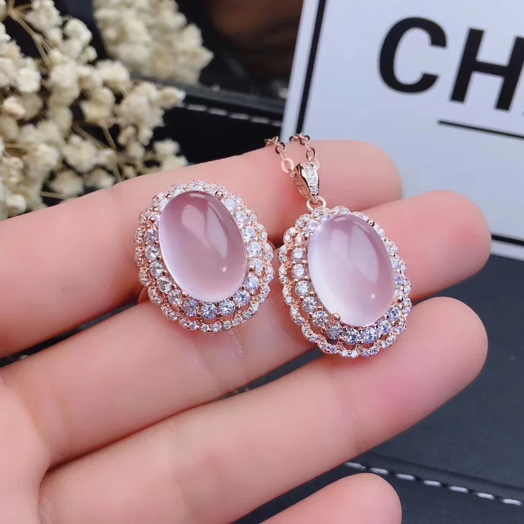 KJJEAXCMY Girls' Natural Pink Crystal Hibiscus Stone Necklace Pendant Ring 3-Piece Set 925 Pure Silver Plated Rose Gold Gift