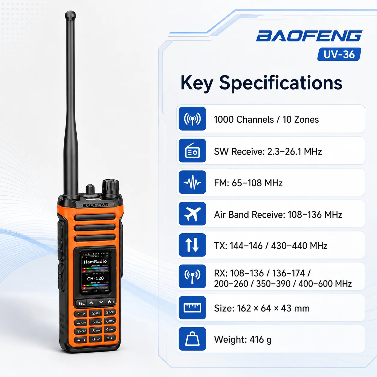 BAOFENG UV-36 Handheld Amateur Radio 1000CH Bluetooth Programming Shortwave Receive 2.0” TFT Screen Dual Watch VHF UHF Walkie Ta