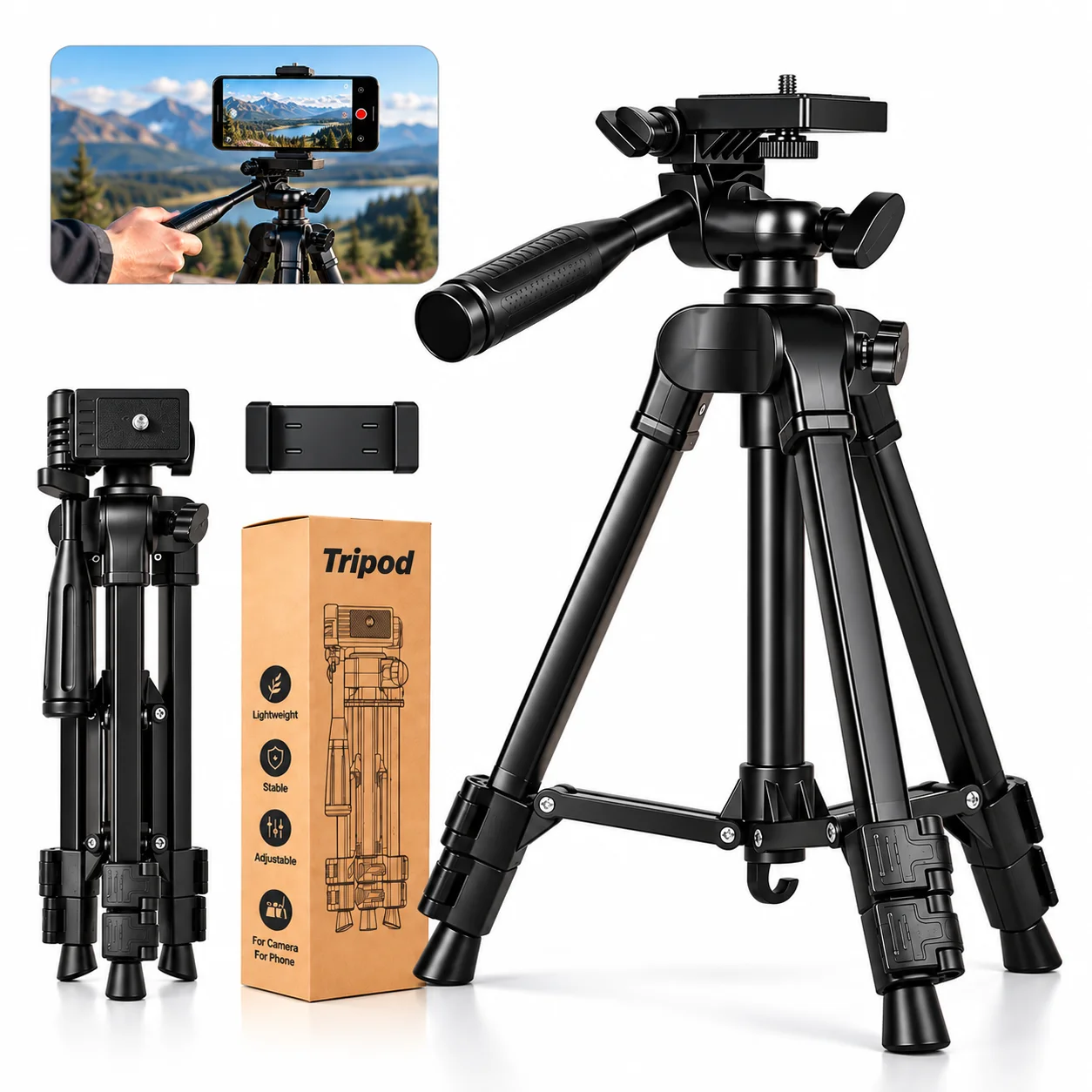 Foldable Portable Phone Tripod Lightweight Aluminum Stand Extendable Holder for Live Streaming Vlog Photography Selfie Floor Tripod