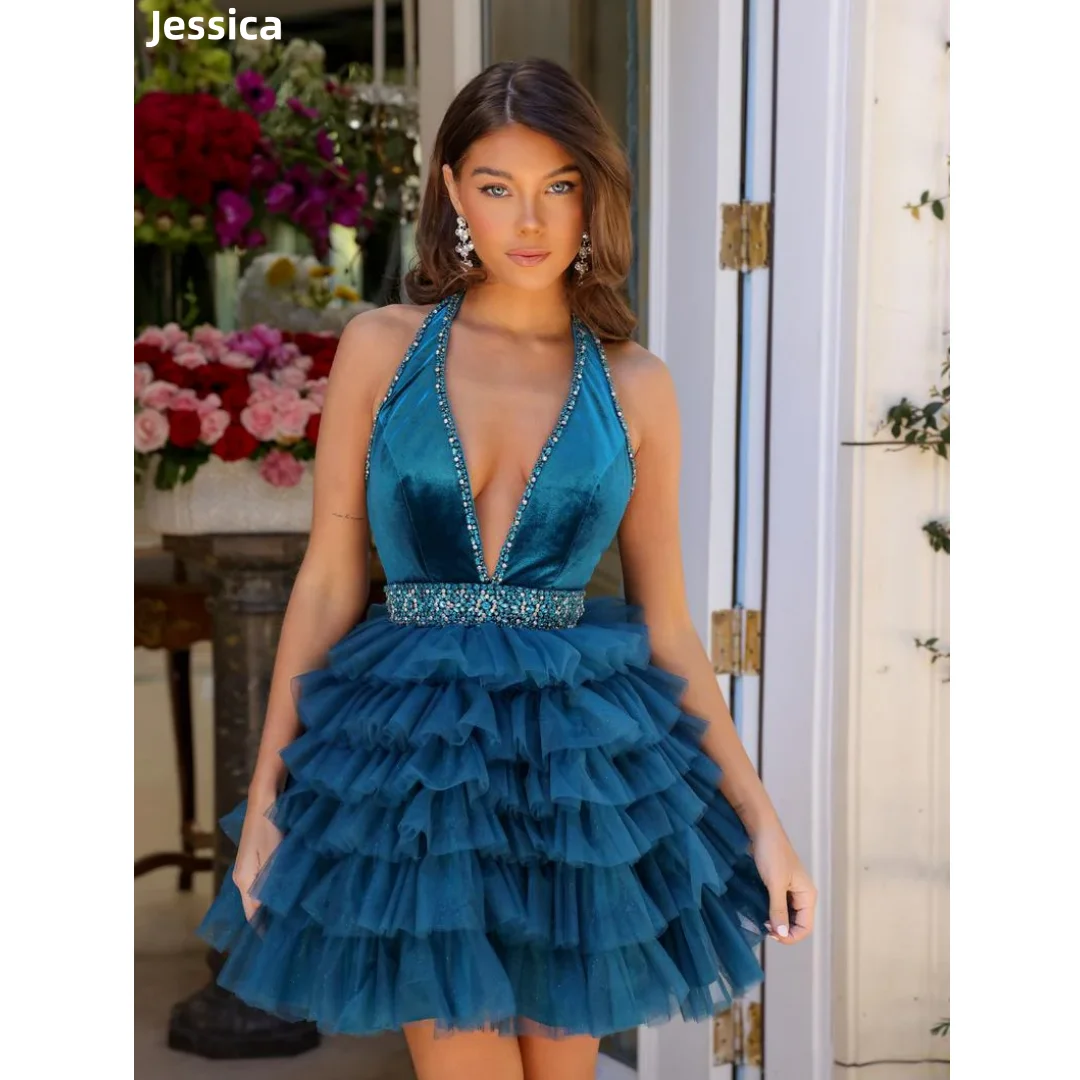 

Jessica Velvet Glitter Beads Evening DressesHalter Neck Tulle Layering Prom Dresses Short Princess Vestidos De Fiesta Customized