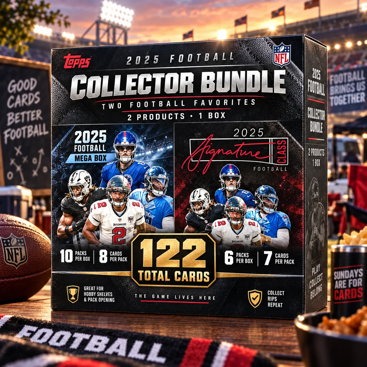 2025 Football Mega Box + Football Blaster Box, 122 Cards Total Sports Trading Card Bundle for Football Collectors, Hobby Collections, Pack Opening Events, Display Shelves & Card Enthusiasts