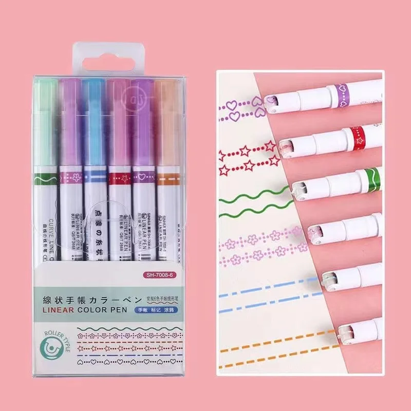 

6Pcs/set Kawaii Flowers Line Shaped Highlighter Pens Roller Tip Curve Liner Marker for Writing Journaling Drawing Stationery