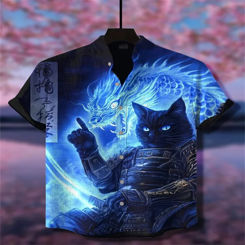 

Retro-style casual Hawaiian shirt for men, 3D printed animal shirt, cat pattern short-sleeved collared shirt, casual men's shirt