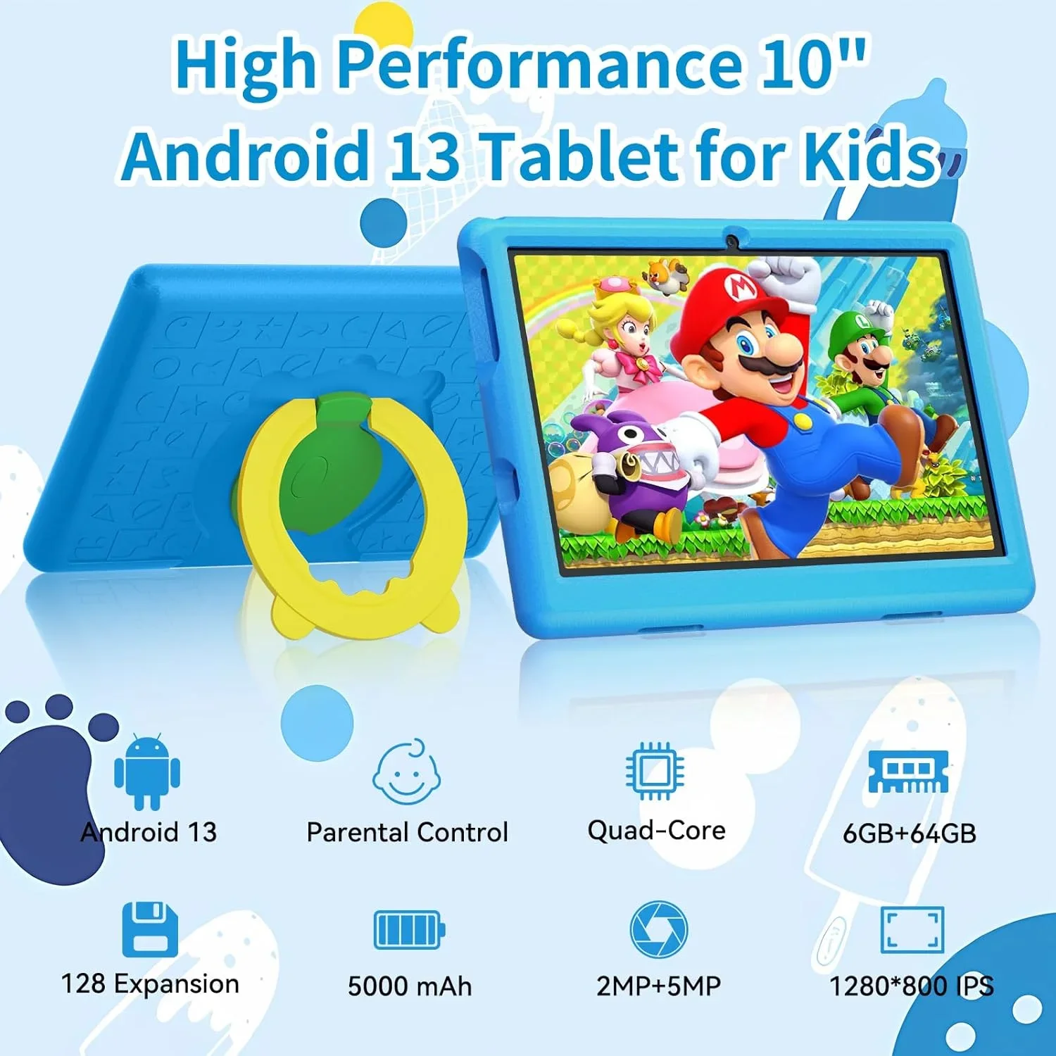 BESTSKI 10 Inch Kids Tablet with 6GB RAM+64GB ROM+128GB SD Expand, 5000mAh, Dual Camera, with Parent Control & Kids Education-Bl