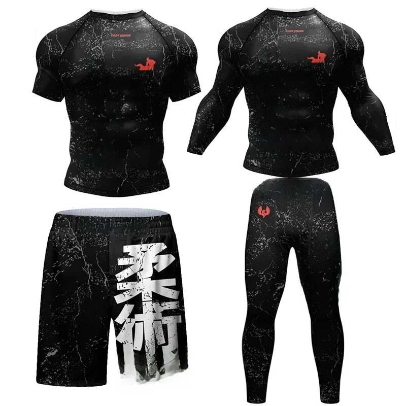 Nouveau Jiu Jitsu Rashguard MMA T-shirt + pantalon pour hommes 4 pièces/ensemble grappin brésilien Bjj boxe éruption garde Sport vêtements Shorts de Sport