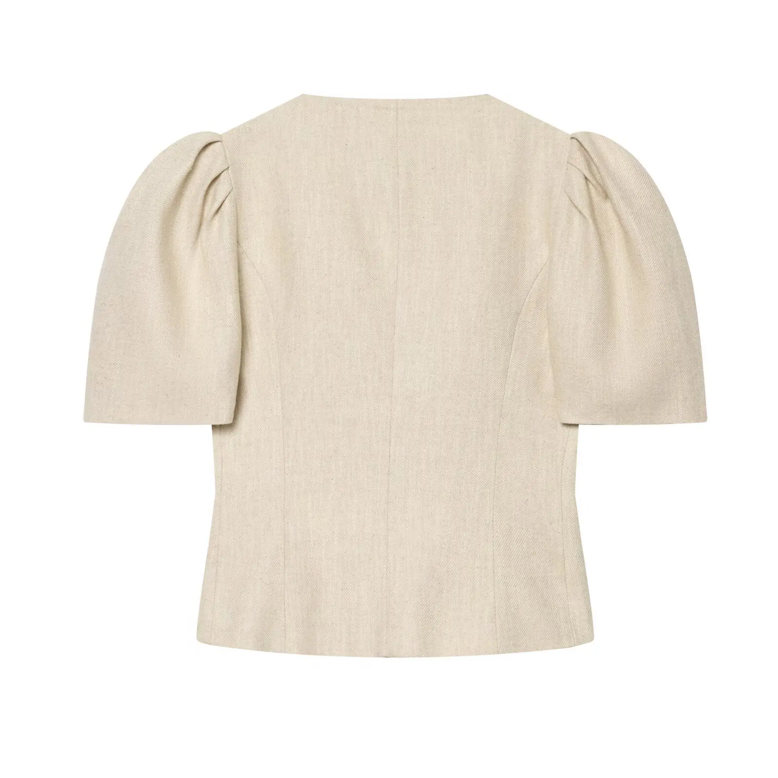 Women Puff Short Sleeve Blouse Linen Elegant O Neck Blazer Crop Tops Casual Office Tweed Style Shirts Vintage Summer Jackets