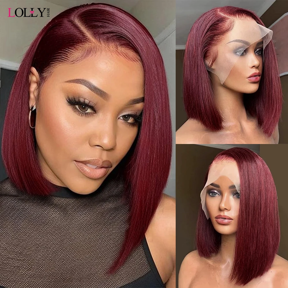 

Burgundy Transparent Short Bob Human Hair Wigs 99J Red Straight 13x4 C part Lace Front Wig For Women Pre Plucked