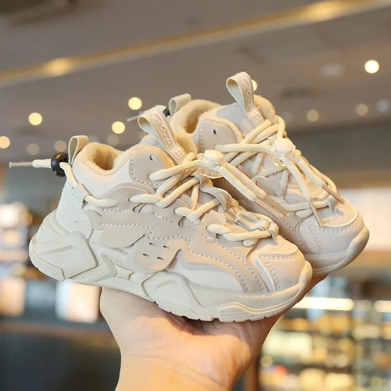 Baskets épaisses en peluche pour enfants, chaussures de sport imperméables pour garçons, Support d'arc confortable, chaussures de course pour