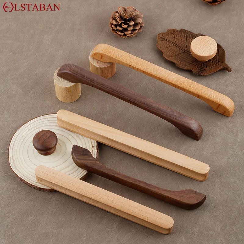 Walnut Beech Kitchen Cabinet Handle Drawer Solid Wood Furniture Door Drawer Round Knob Cupboard Wooden Handle Hardware Long Pull