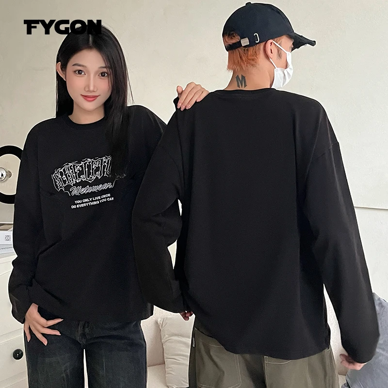 Fygon 2024 Autumn Patch Embroidery Long Sleeve Tees 95% Cotton 5% Spandex French Terry  250Gsm T shirts Oversize Streetwear