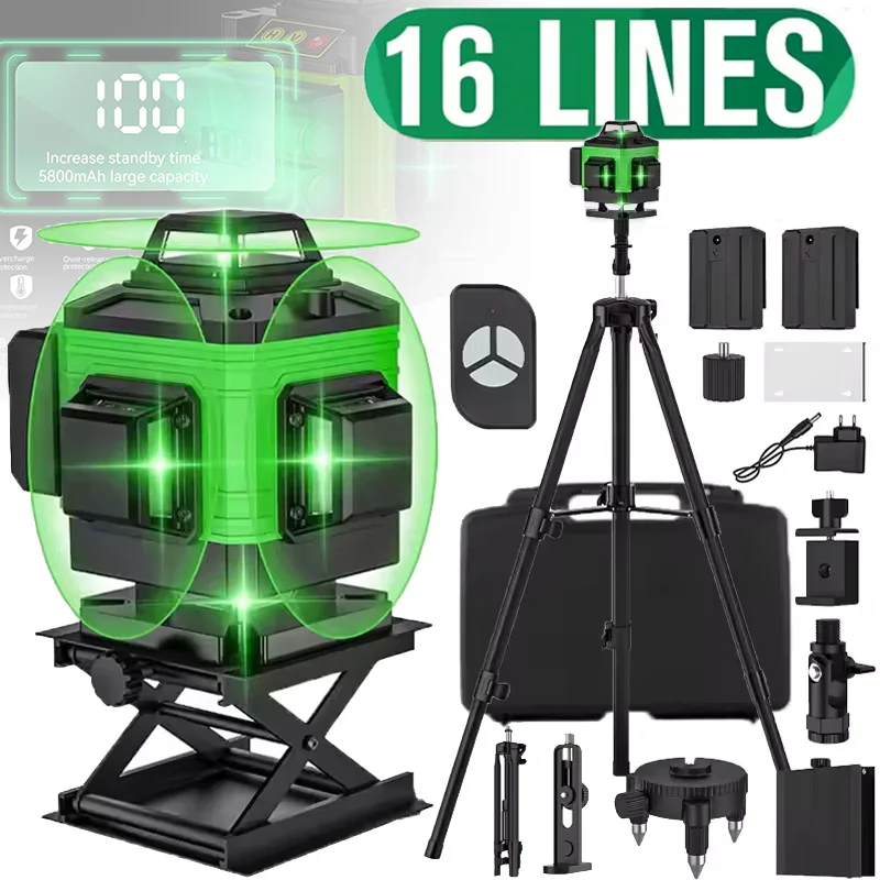 Niveau laser 4D 16/12 lignes, ligne verte, auto-nivelant, 360° horizontal et vertical, niveau laser super puissant, faisceau laser vert