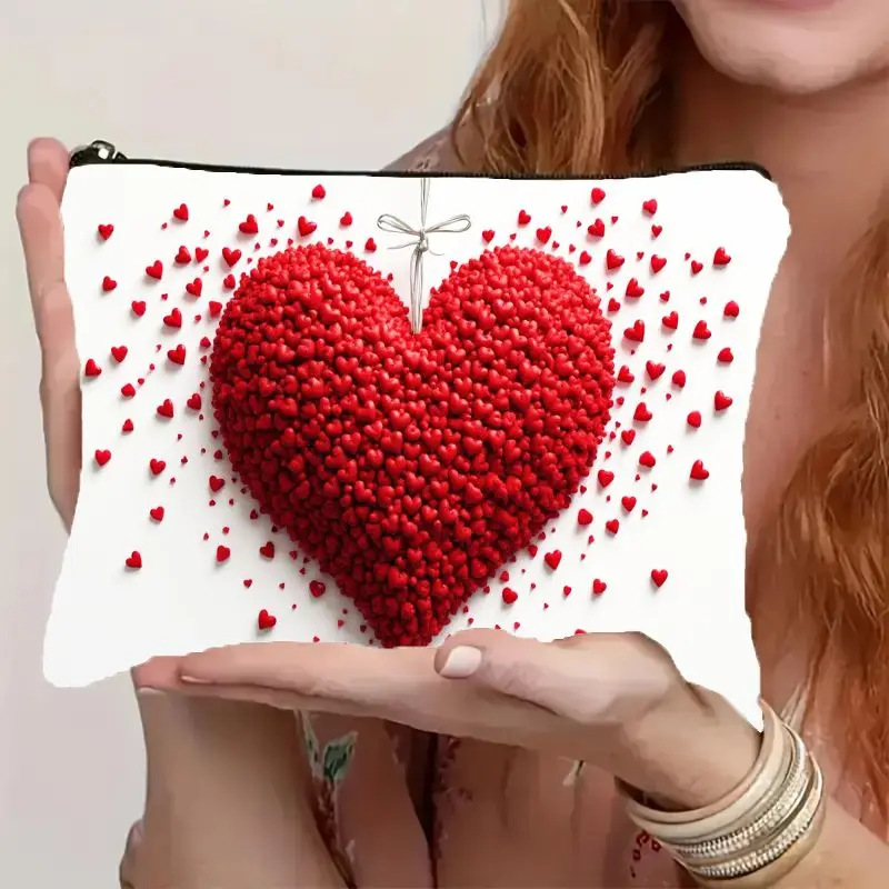 1Pc Red Heart Balloon Retro Design Multifunctional Travel Makeup Bag, Snack Storage Bag, Stationery Storage Bag, Fashionable Toiletry Bag, Canvas Double-Sided Printed Zipper Pouch