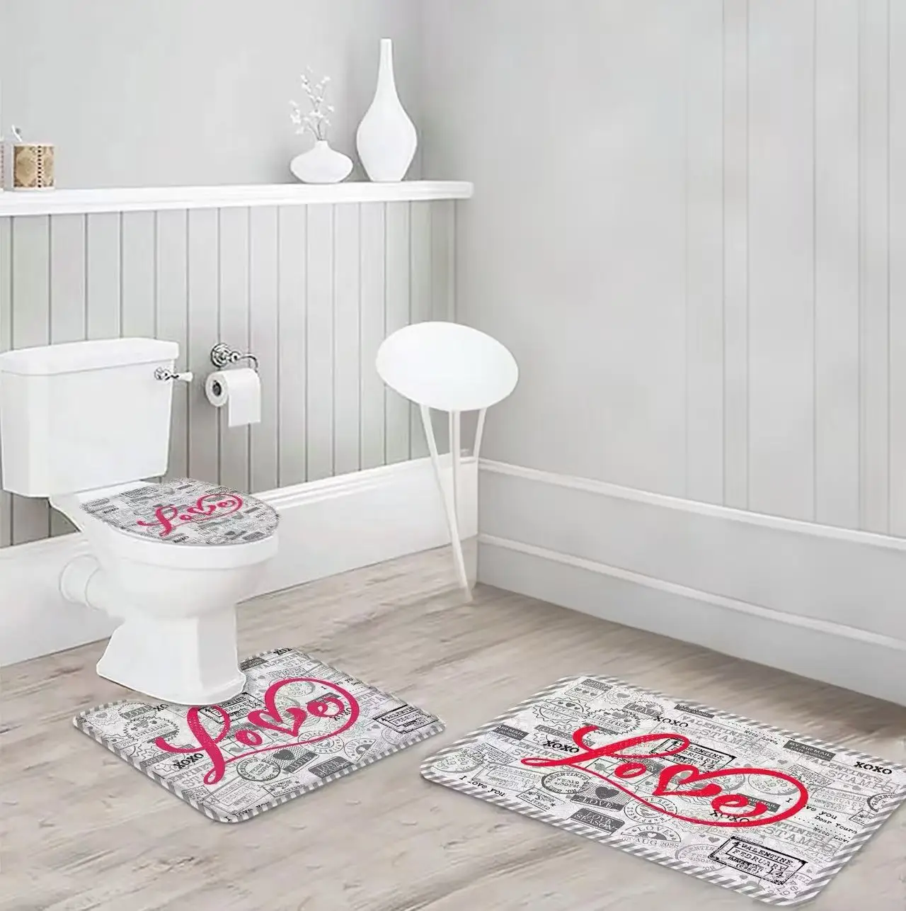 3Pcs Love Stamp Postal Theme Bathroom Rug Set, Vintage Postmark XOXO Love Heart Letter Print Non‑Slip Bath Mat, U‑Shaped Contour Rug and Toilet Lid Cover, Romantic Valentine Bathroom Floor Decor Mats