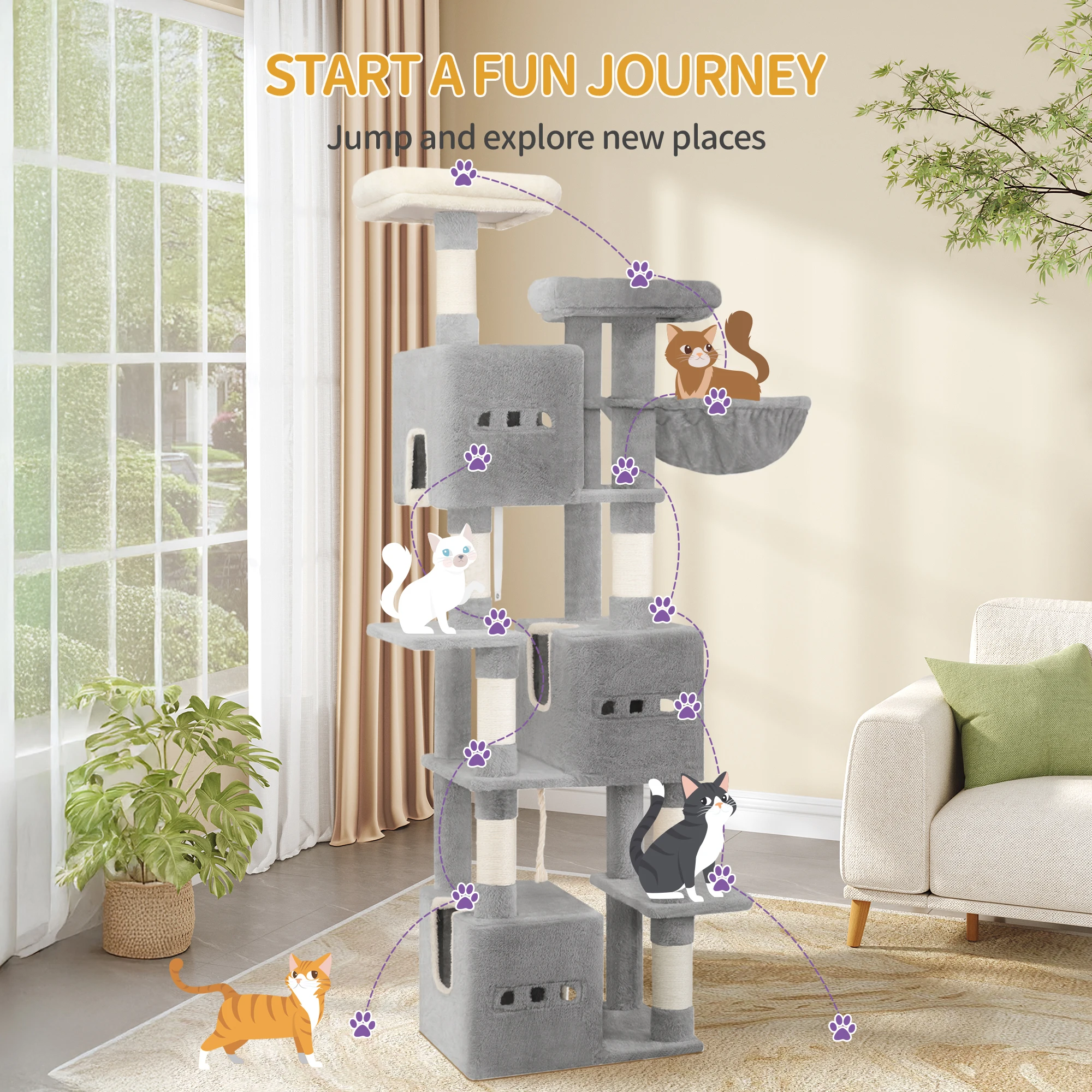 Hzuaneri Arbre à chat 193 cm, grande tour à chat pour chats d'intérieur, meubles de maison pour chats avec 2 plates-formes, 3 condonnes, 7 poteaux à gratter