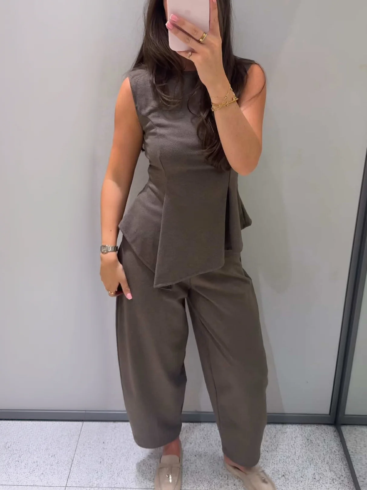 Womens Minimalist Asymmetric Sleeveless Blouse And Long Pants Two Piece Set Casual Solid Color Workwear Matching Outfit Sets