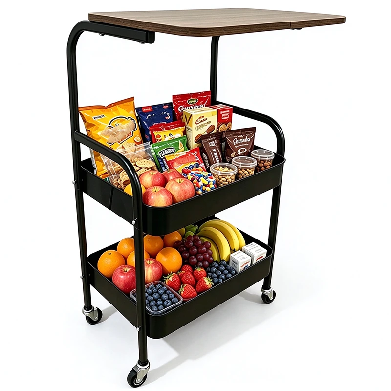 Mobile Utility Rolling Cart with Wooden Tabletop, Multi-tier Metal Mesh Storage Baskets & Swivel Locking Casters, Versatile Home Organizer Trolley for Living Room, Bedroom, Kitchen, Office & Apartment