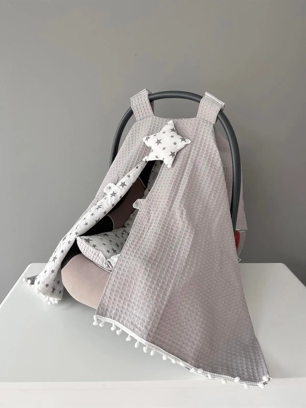 Handmade Gray Starry 100% Cotton Organic Fabric Stroller Cover and Cushion