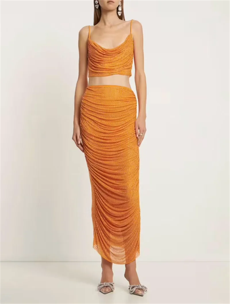 High Street Summer New Arrival Orange Sexy Spaghetti Straps Short Top +High Waist Pencil Skirt 2 Piece Set Vintage