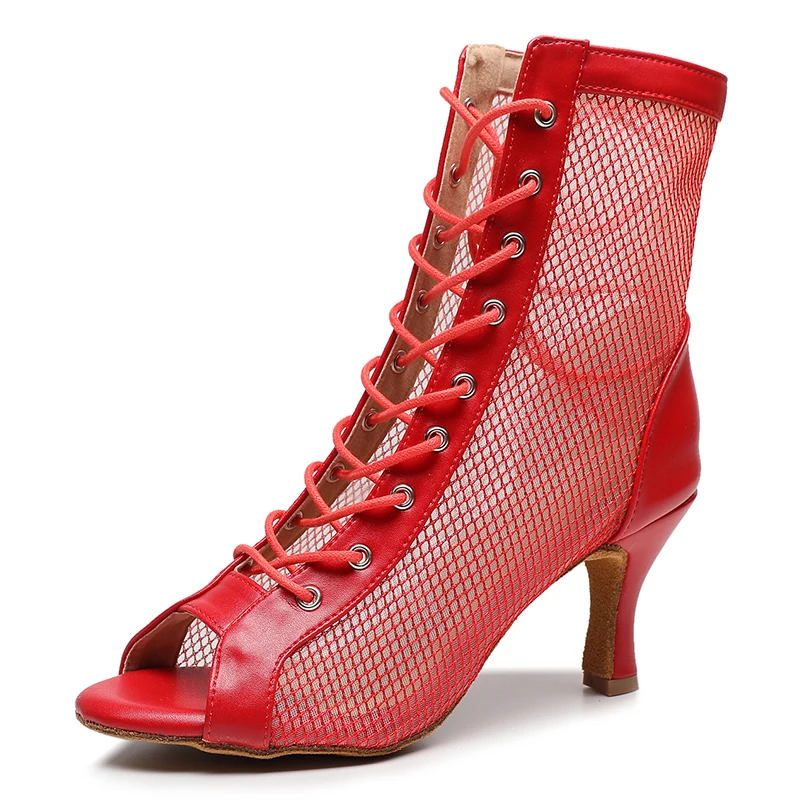 Woman Red Mesh Latin Ballroom Dance Shoes Women High Heel Jazz Dance Booties Girls Lace Up Stiletto Bootie Slim Heel 3.5/4 Inch