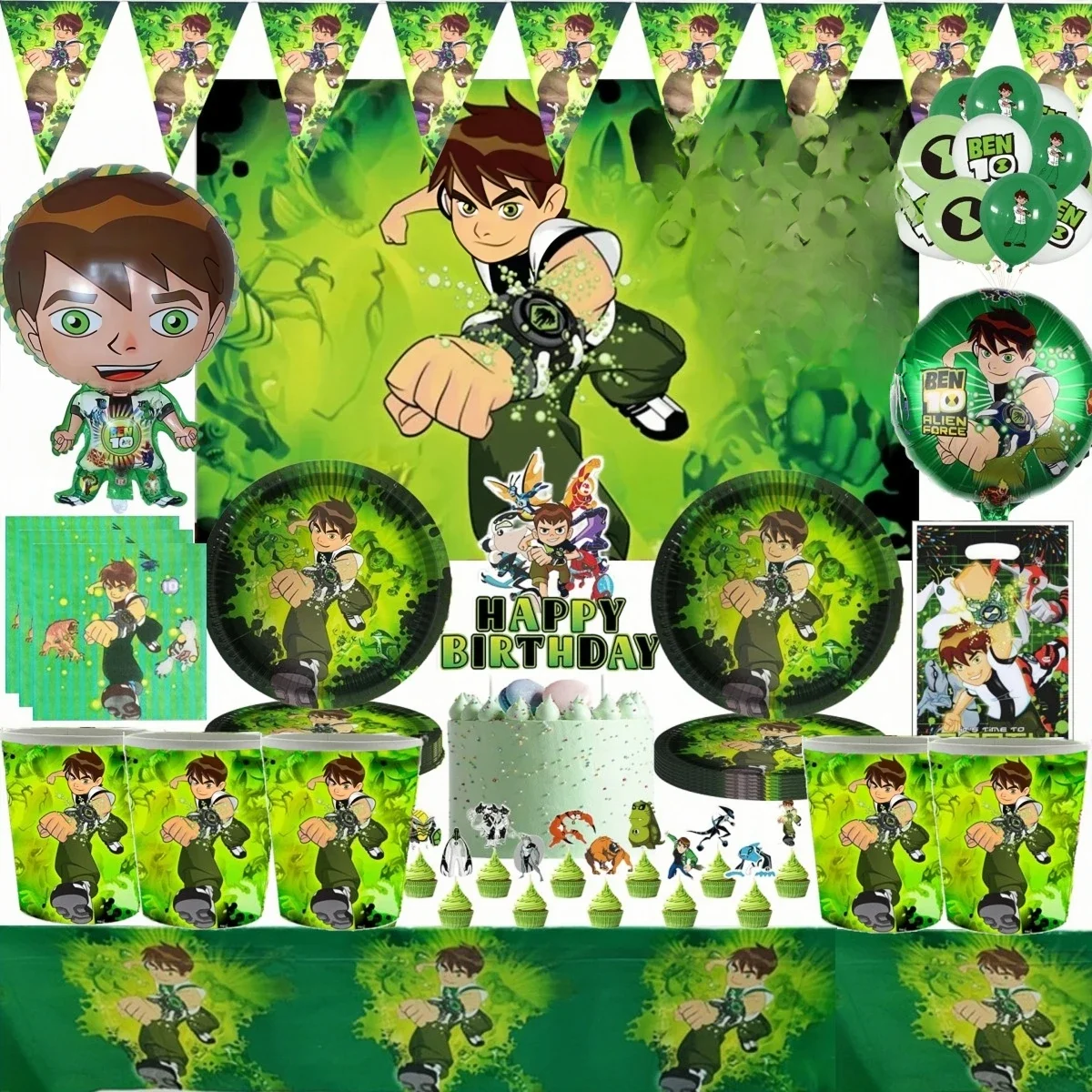 Ben 10 décoration de fête d'anniversaire vaisselle jetable assiette en papier tasse décor de gâteau Ben Boy ballon bébé douche garçons fournitures de fête