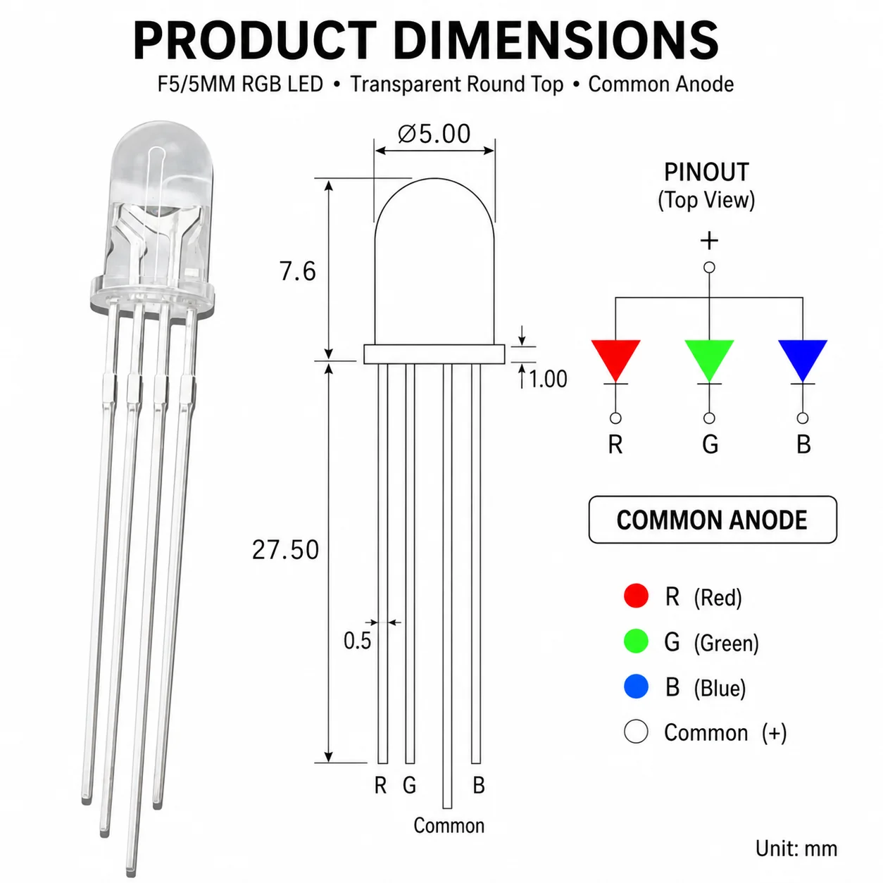 F5 5mm RGB LED Common Anode Transparent Round Top LED Diode R/B R/G B/G Dual Color Light Emitting Lamp Beads for DIY Circuit Ind