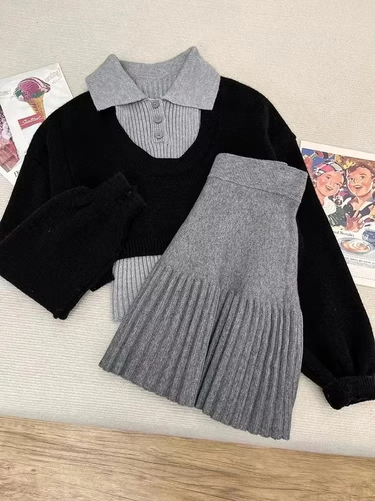 Jesień Zima Koreańska moda Dzianinowe stroje damskie Casual Y2k Crop Tops 2-częściowy zestaw + falbana Mini spódniczka Biuro Lady Spódnica Garnitury — zdjęcie 2