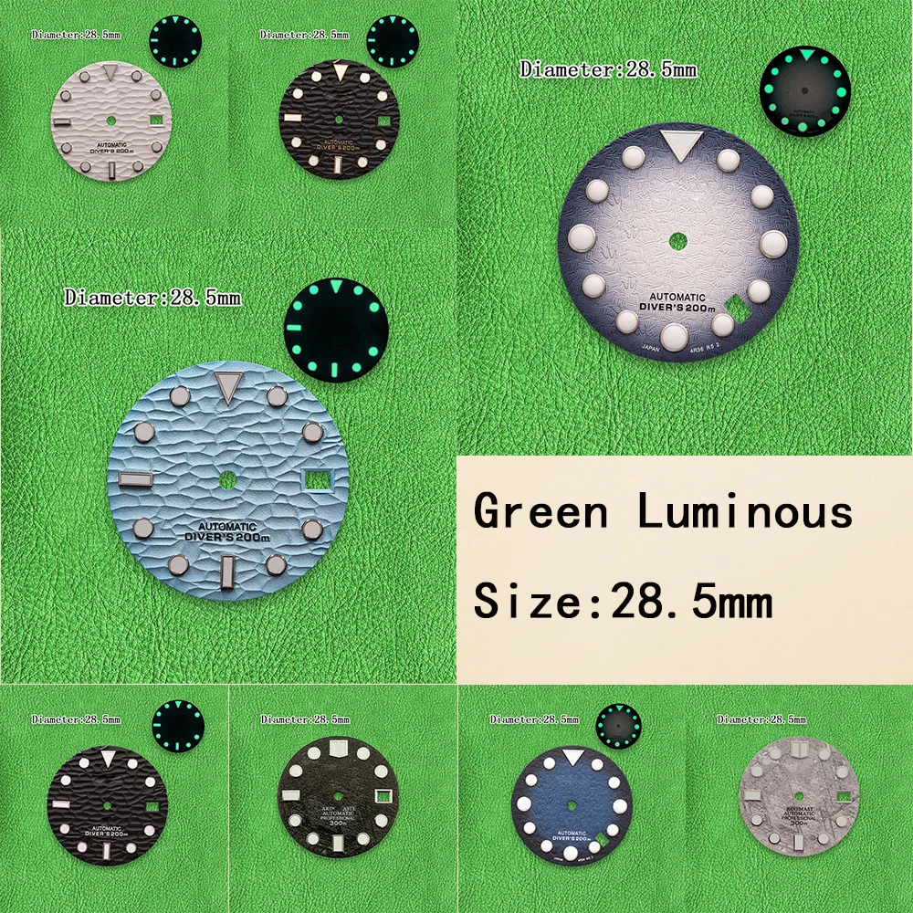 28.5mm High Quality S Logo Dial Wave NH35 Dial Fit NH36/4R/7S Movement Green Luminous Watch Modification Accessories ﻿
