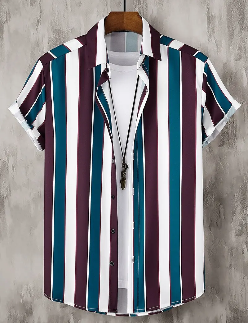 

Men's Shirts Fashion Buttoned T-Shirts Summer Casual Shirts Four Colors Short Sleeves Stripes Street Resort Print Clothing